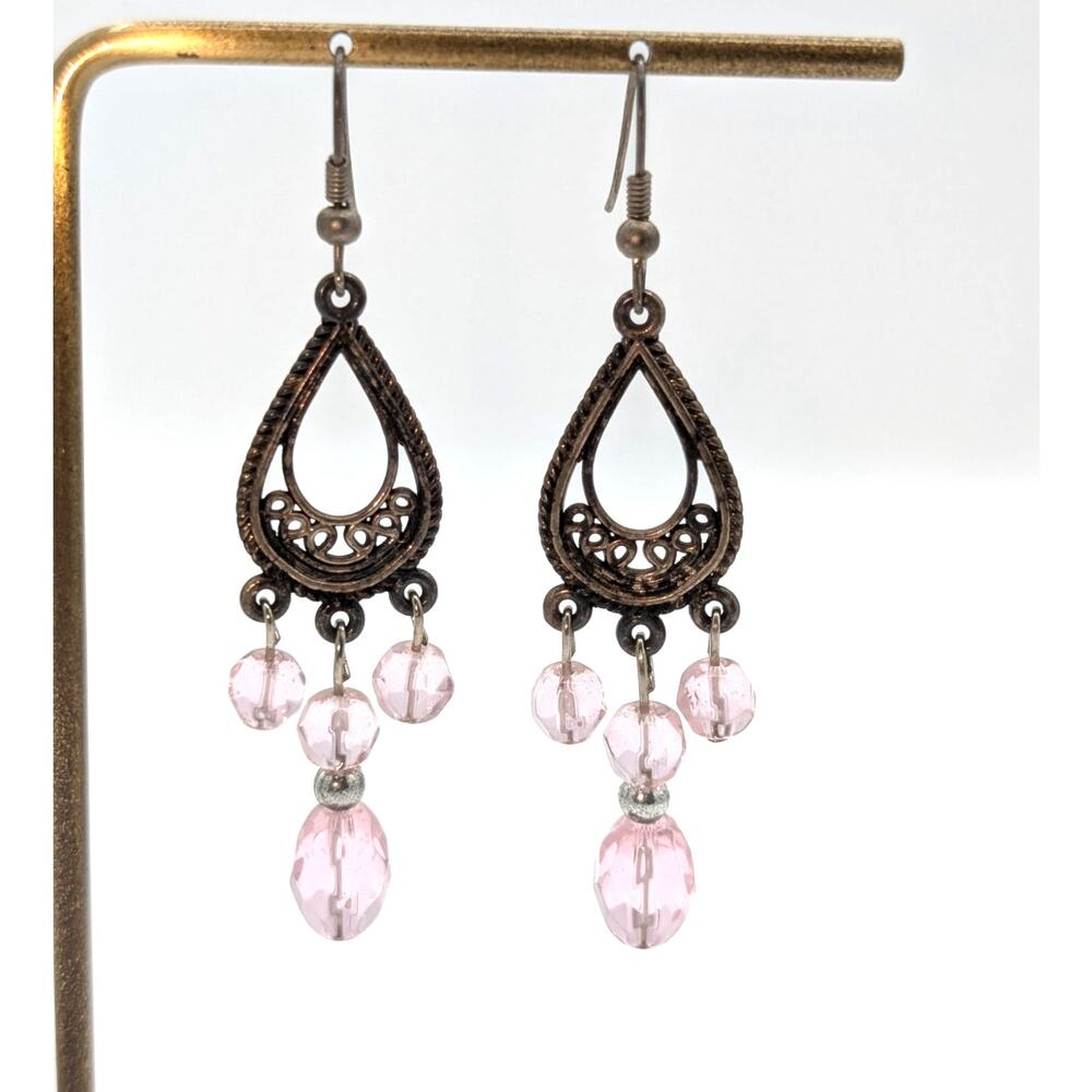 Antiqued Gold Tone Filigree Teardrop Pale Pink Crystal Dangle Earrings